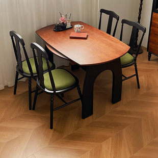 白蜡木纹实木餐桌黑色复古风可伸缩折叠圆桌法式中古风小户型家用