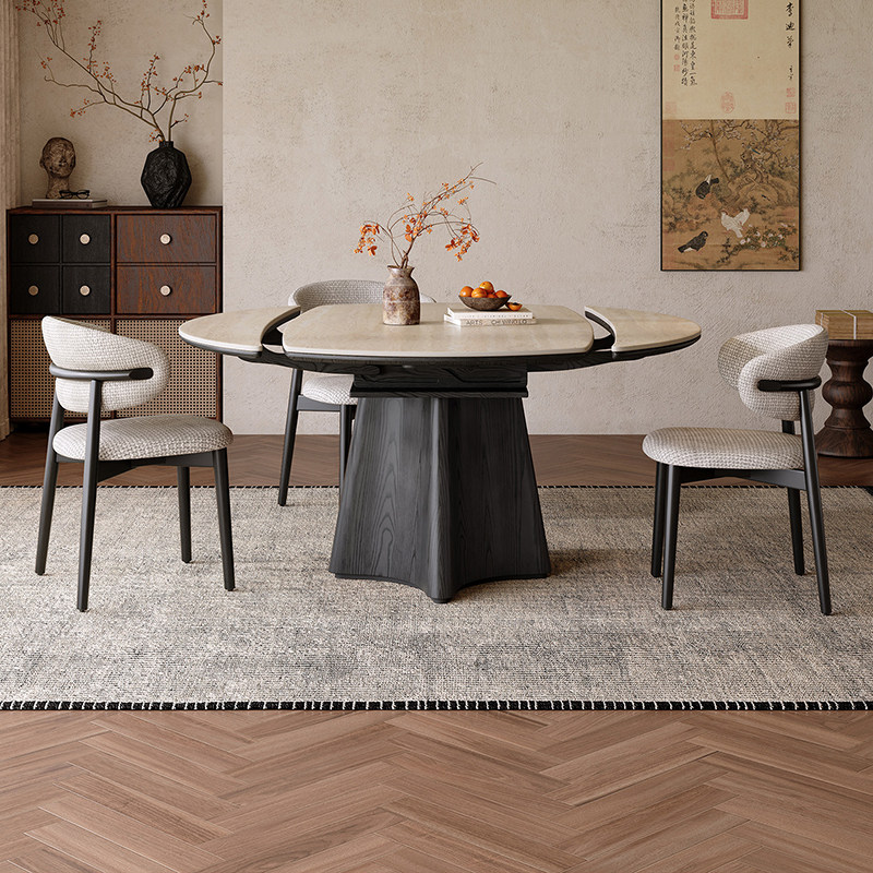 2026新款洞石岩板实木伸缩餐桌可变圆桌黑色复古风小户型家用饭桌,住宅家具,岩板餐桌,淘宝优惠券,粉丝福利购,淘宝优惠卷