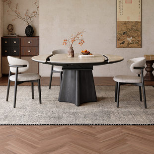 2026新款洞石岩板实木伸缩餐桌可变圆桌黑色复古风小户型家用饭桌