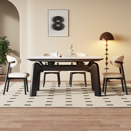 大象腿伸缩岩板餐桌家用小户型方桌可变圆桌折叠实木法式复古风黑