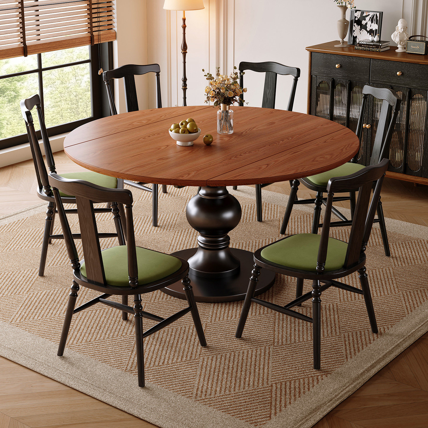 中古风实木伸缩餐桌可变圆桌法式复古折叠家用小户型2026新款饭桌