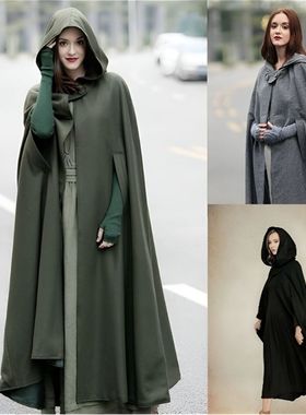 跨境欧美五色连帽披肩加长款万圣节斗篷cosplay外套呢大衣女