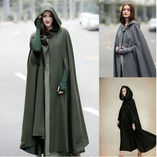 跨境欧美五色连帽披肩加长款万圣节斗篷cosplay外套呢大衣女