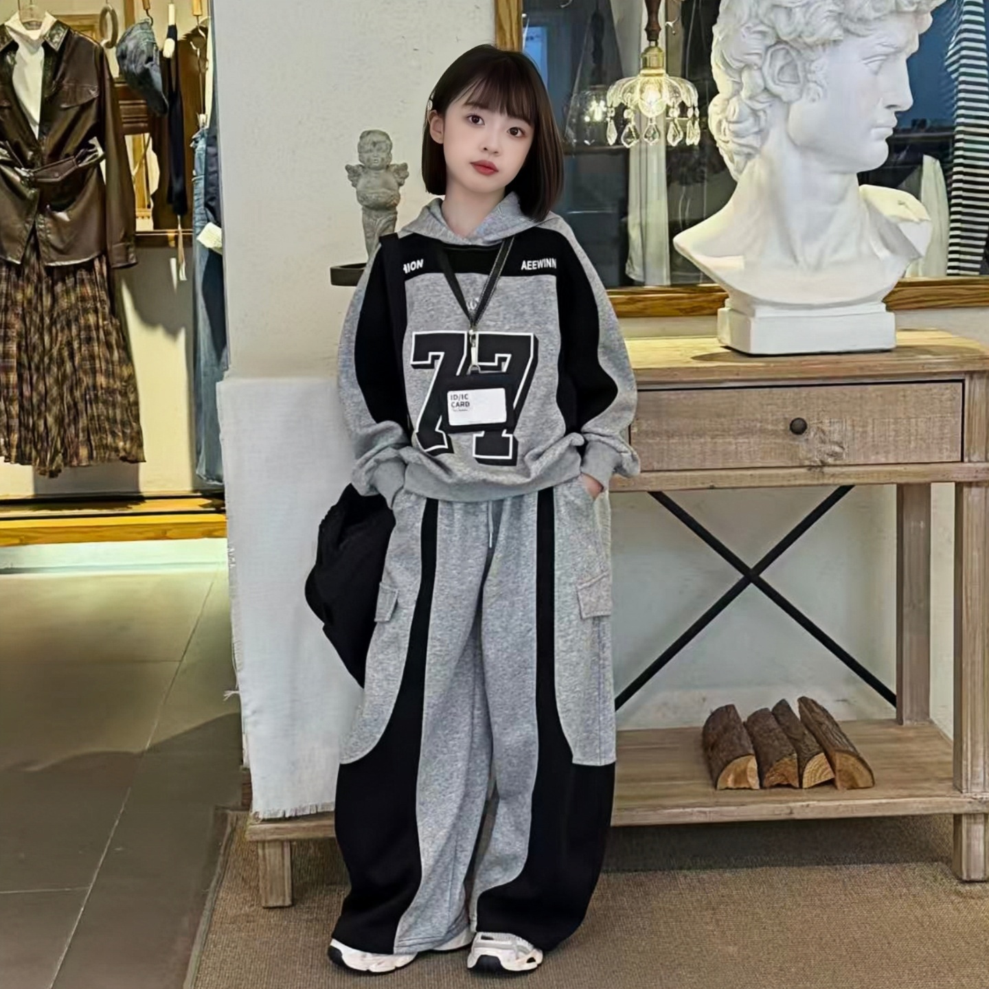 女童拼色连帽运动套装春秋新款休闲数字卫衣卫裤中大童韩版两件套