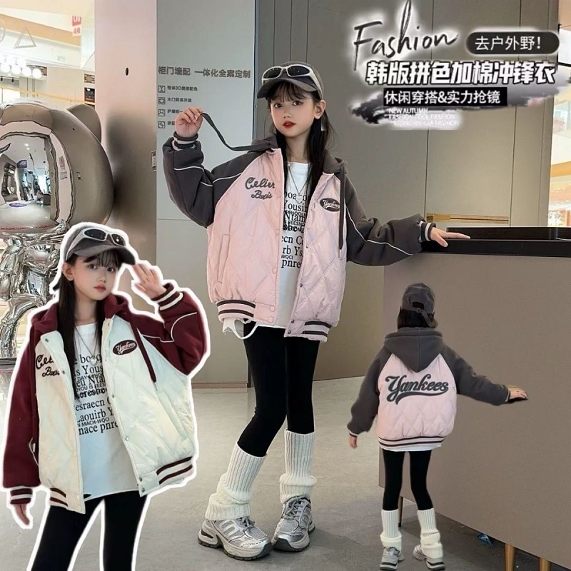 女童安哥拉红棒球服棉衣冬季大童连帽夹棉加厚外套洋气炸街冬装潮