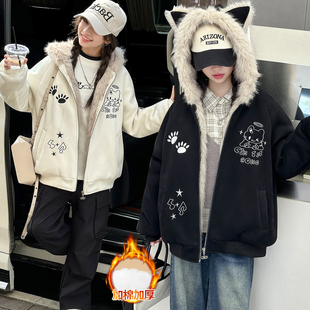 女童可爱毛绒耳朵毛领棉服外套冬季2025新款中大童加厚保暖棉衣潮