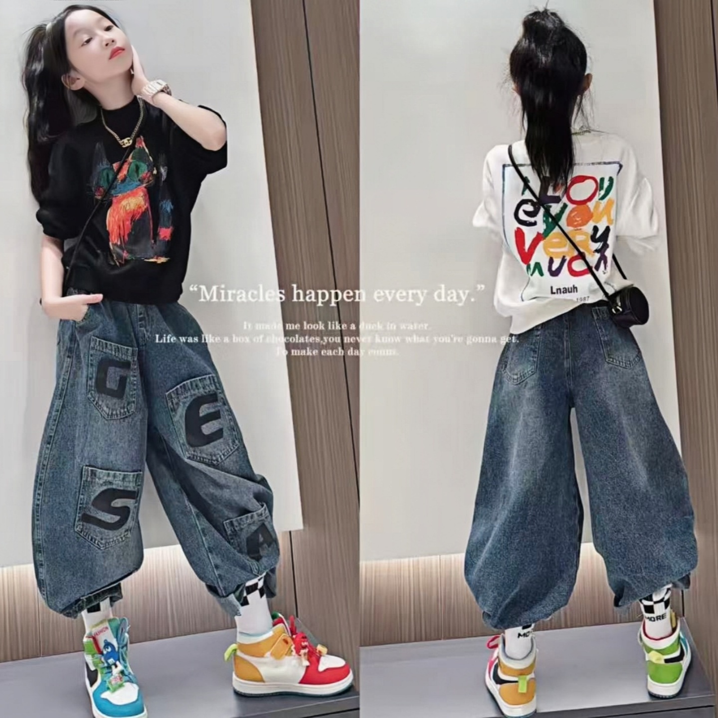 潮酷女童涂鸦猫咪卫衣套装春秋新款洋气中大童多口袋字母牛仔裤子