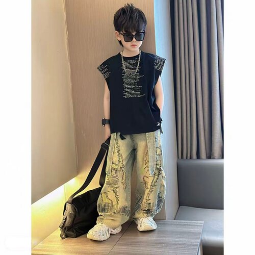 男童夏季痞帅套装洋气无袖坎肩字母背心2026新款个性牛仔裤两件套