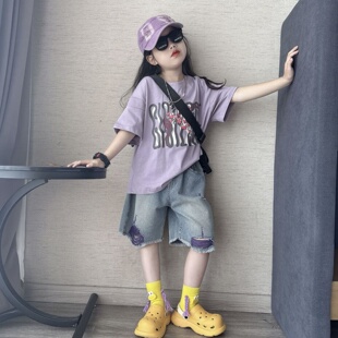 T恤两件套 中大童宽松百搭涂鸦短袖 儿童夏季 休闲潮酷破洞牛仔中裤