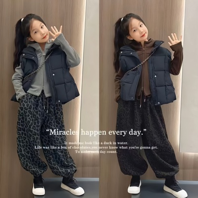 韩版女童休闲加厚棉马甲套装秋冬新款中大童加绒卫衣豹纹裤三件套