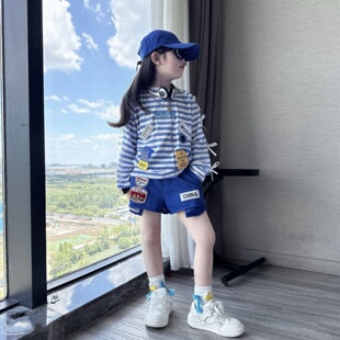 韩版女童夏季洋气长袖条纹防晒衣套装中大童时髦个性短裤两件套潮