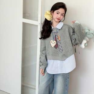 韩版女童假两件卫衣春秋2026新款时髦中大童设计感宽松上衣牛仔裤