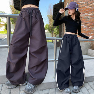 女童潮流高级感裤子秋季美式痞帅高街条纹宽松阔腿弯刀裤休闲长裤