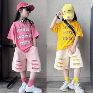 多巴胺女童夏日破洞牛仔中裤洋气中大童字母印花短袖T恤两件套潮