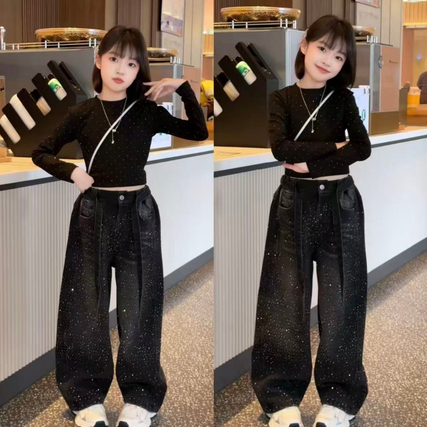 女童满天星烫钻牛仔裤打底衫套装2026新款酷飒中大童阔腿裤两件套,童装/婴儿装/亲子装,套装,淘宝优惠券,粉丝福利购,淘宝优惠卷