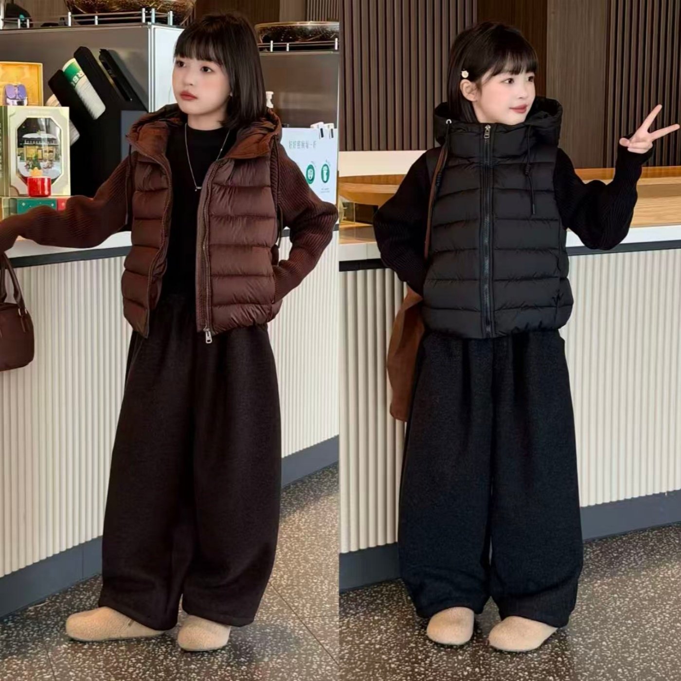 2026韩系连帽针织拼接排骨棉衣外套冬季短款宽松面包服加绒阔腿裤