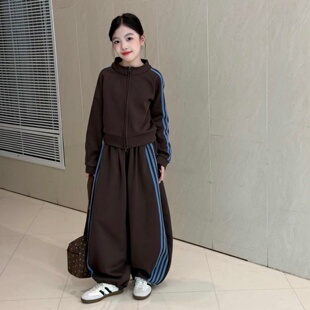 美式撞色拉条套装女童春秋新款休闲拼接条纹上衣阔腿裤运动两件套