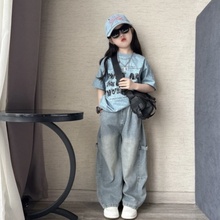女童夏季休闲蜡染字母短袖T恤2025新款洋气薄款牛仔弯刀裤两件套