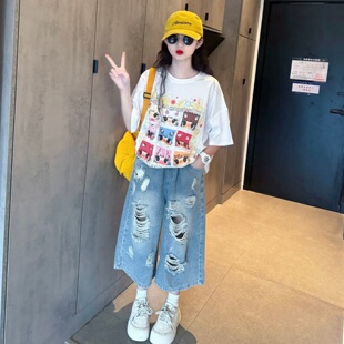 九宫格多巴胺彩色手绘T恤涂鸦头像短袖女童夏季潮酷破洞中裤套装