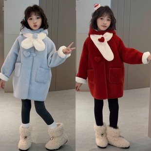 韩系女童爱心呢子大衣冬季2025新款洋气小女孩中长款加厚毛呢外套