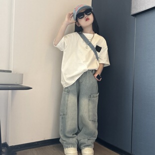 男女童潮酷夏季休闲宽松牛仔弯刀裤中大童洋气大版短袖T恤两件套