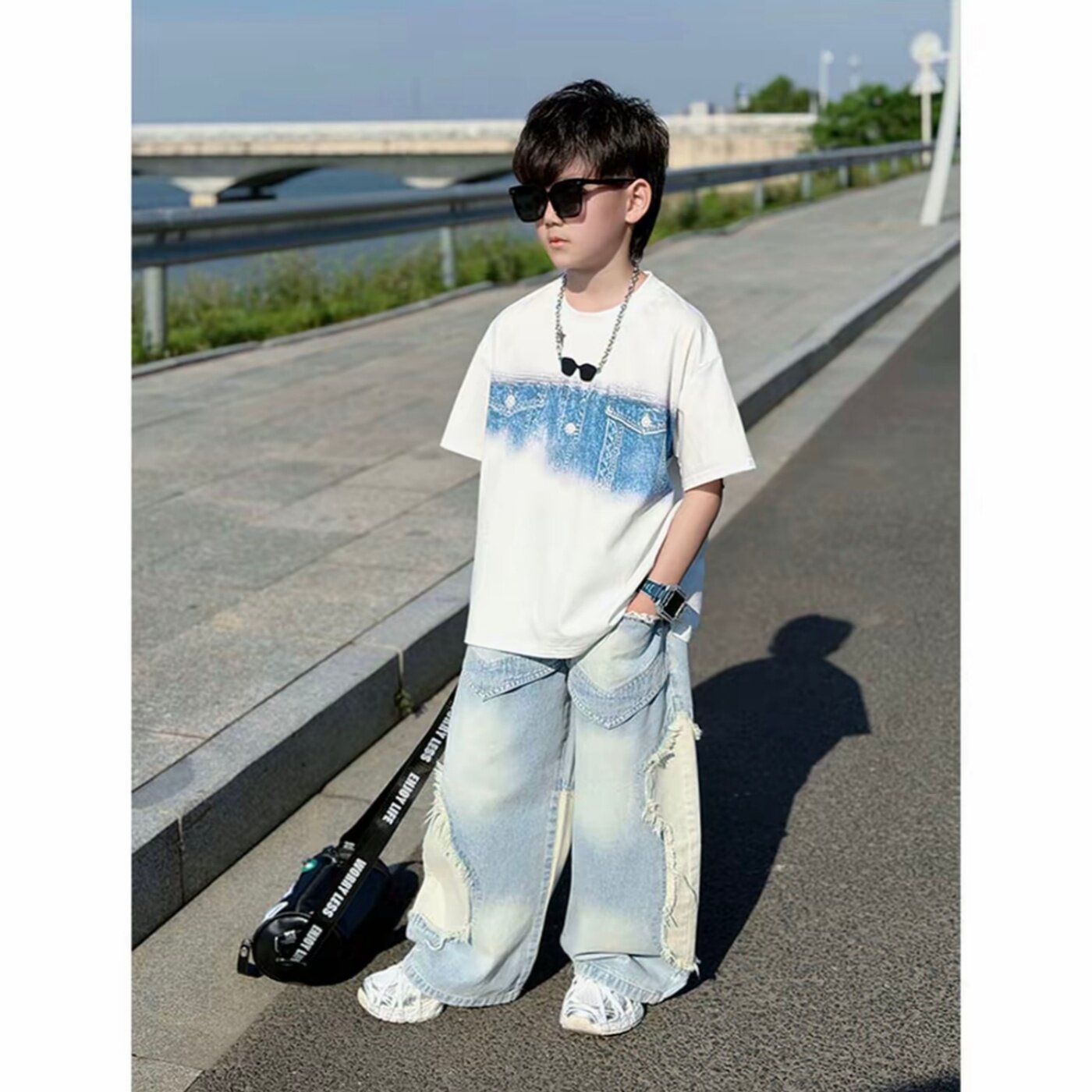 潮酷男女童夏季个性牛仔印花短袖T恤中大童设计感拼接牛仔裤套装