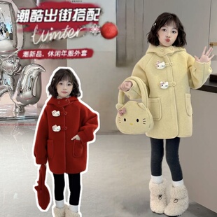 女童韩版卡通加绒毛毛衣外套冬季新款洋气小女孩中长款连帽大衣潮