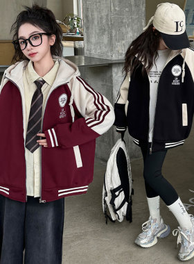 女童连帽棒球服外套春秋冬款洋气初中生百搭休闲拼色夹棉卫衣夹克