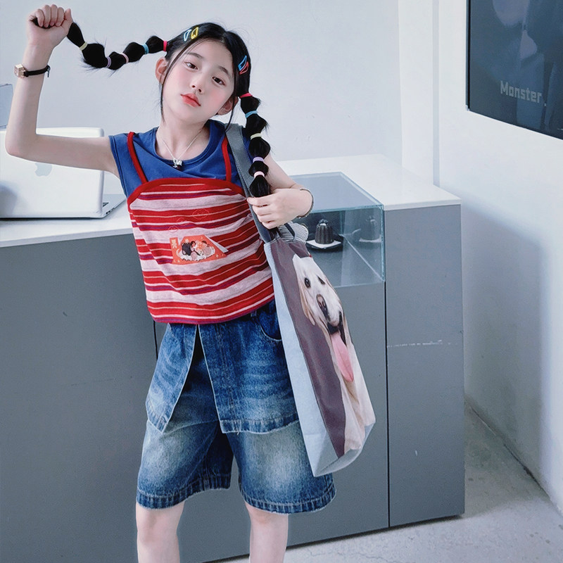 甜酷小女孩假两件条纹t恤上衣夏季新款女童潮酷牛仔五分裤两件套图片