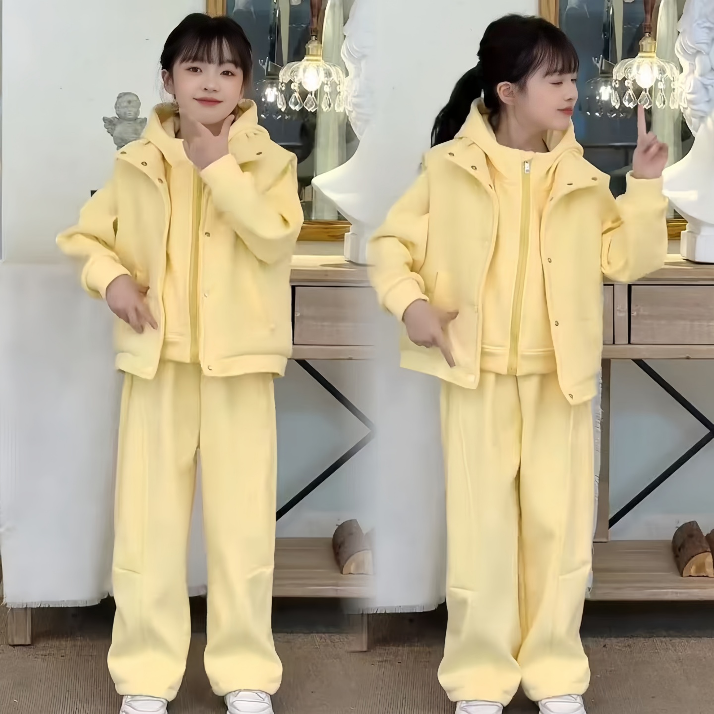 女童加绒卫衣棉马甲套装秋冬2025新款儿童洋气时髦加厚保暖三件套