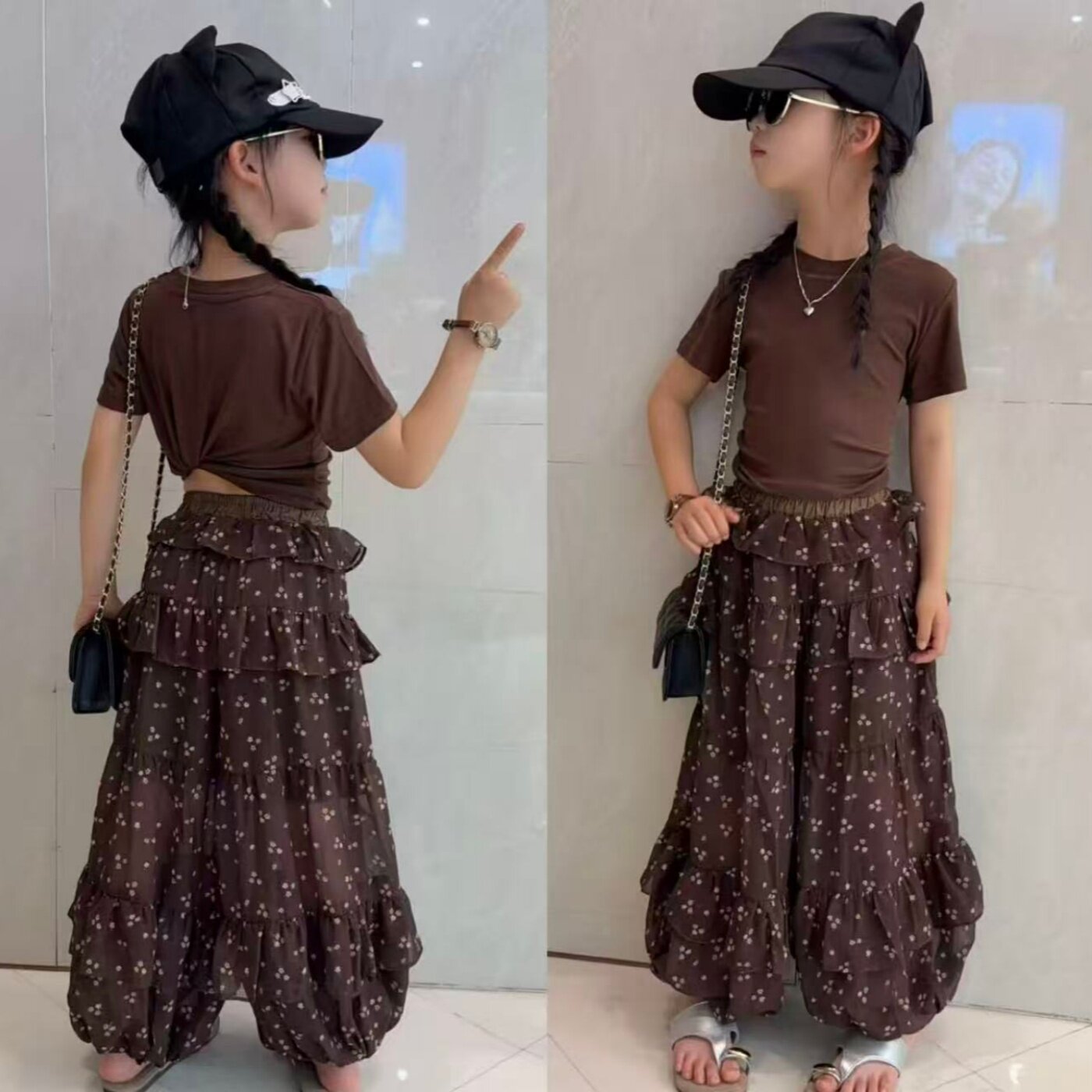 女童2026新款时尚夏季甜美洋气短袖T恤碎花防蚊灯笼裤两件套潮酷