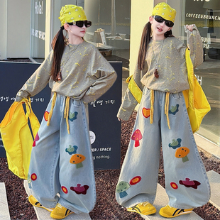潮酷女童高街范绣花牛仔阔腿裤套装2026春秋新款洋气烫花长袖上衣
