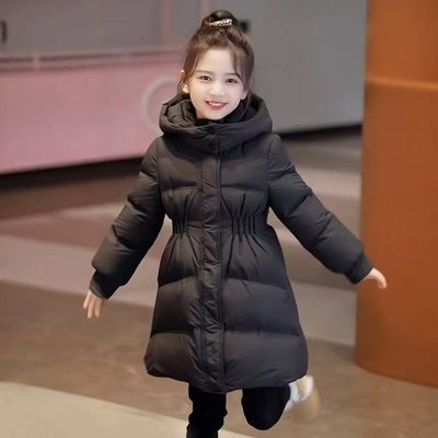 女童中长款羽绒棉服冬季新款洋气小女孩黑色收腰显瘦加厚棉衣外套