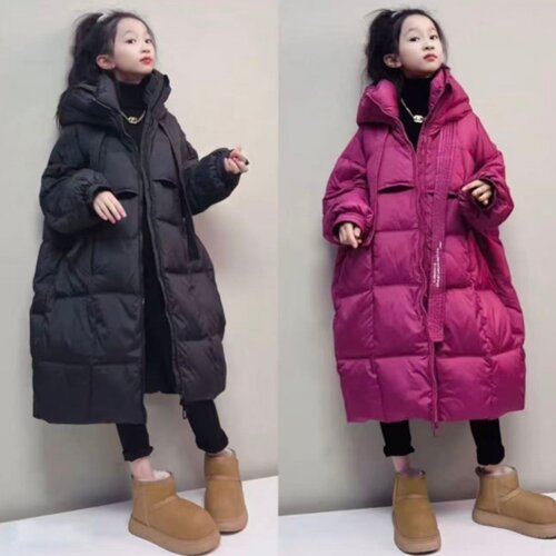 女童长款过膝宽松羽绒服冬季新款韩版中大童保暖连帽白鸭绒外套潮