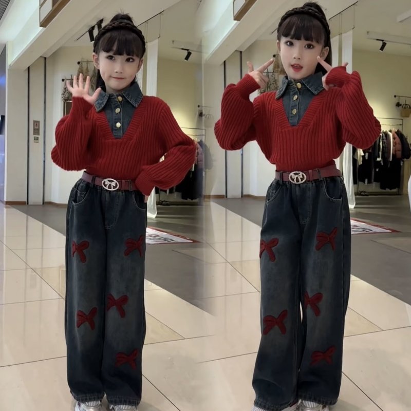 女童秋冬新款牛仔假两件毛衣美式高街蝴蝶结绣花加绒牛仔裤两件套