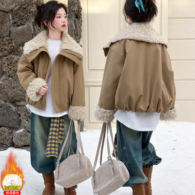 女童冬季韩系休闲加绒加厚羊羔毛外套女大童秋冬款儿童冬装派克服