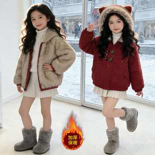 两面穿毛绒猫耳朵连帽派克服外套女童冬季中长款仿皮草小灵猫冬装