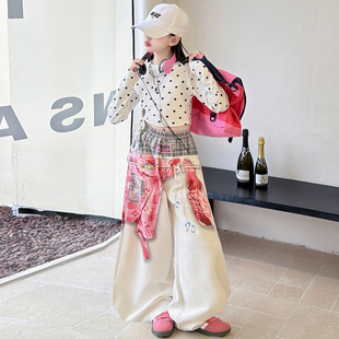 女童爵士舞工装裤2026新款美式甜酷短款漏脐波点上衣3D印花阔腿裤