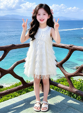 女童流苏公主裙2026夏季新款中大童无袖连衣裙蝴蝶结礼服裙背心裙