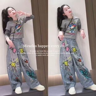 美式条纹拼接猫咪印花上衣女童春秋2026新款潮酷涂鸦牛仔裤两件套