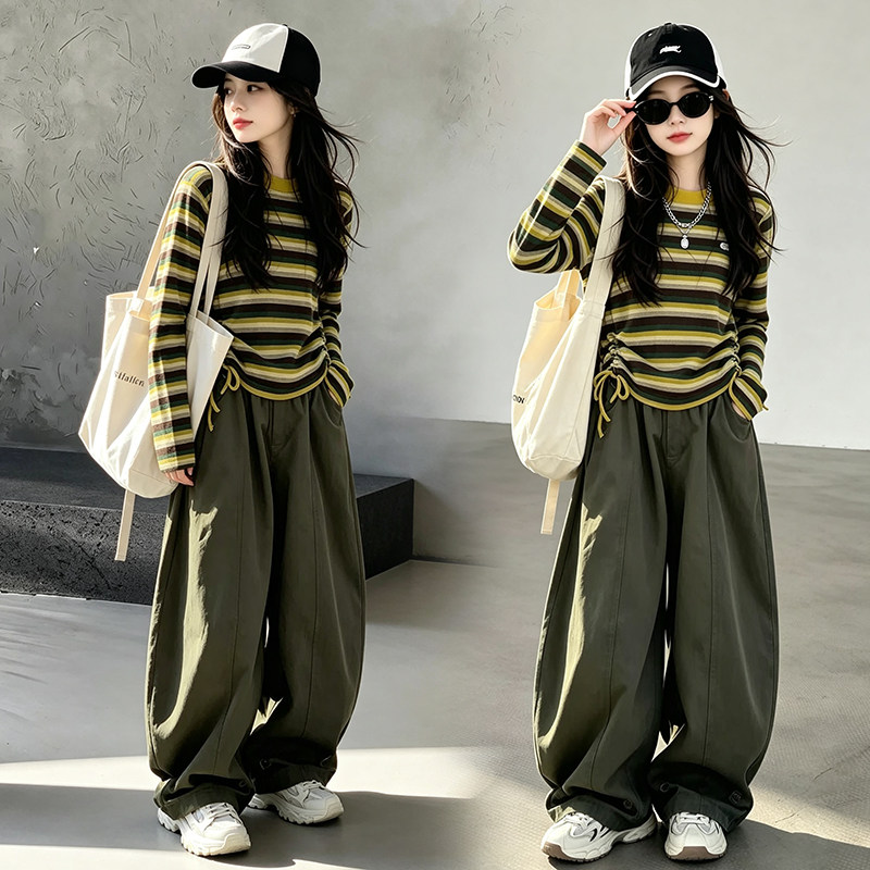 女童春秋条纹长袖上衣2026新款韩系休闲洋气弯刀工装阔腿裤两件套图片