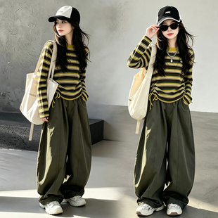 女童春秋条纹长袖上衣2026新款韩系休闲洋气弯刀工装阔腿裤两件套