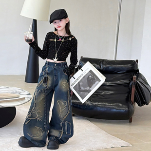 美式复古设计感阔腿裤痞帅高街牛仔裤女童春秋新款两穿烫钻上衣潮