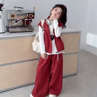 2026女童纯色花苞马甲三件套破洞打底衫春秋套装宽松高腰阔腿长裤