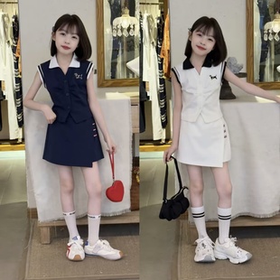 韩版女童夏季Polo衫短袖套装洋气中大童拼色学院风裙裤运动两件套