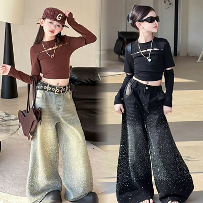 美式辣妹镂空长袖T恤女童春秋满眼星河全钻牛仔阔腿裤街舞两件套