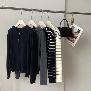 高级感条纹连帽双拉链针织开衫女2025秋季新款韩版宽松显瘦上衣潮