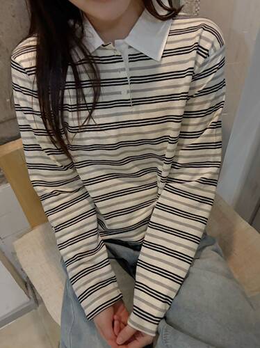 韩系条纹polo领针织衫女春季设计感小众复古港味洋气减龄打底上衣