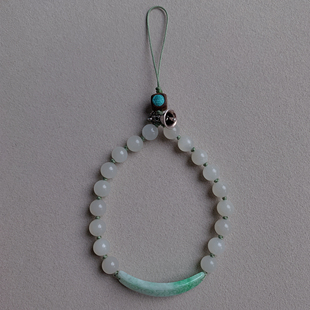 天然和田白玉翡翠手牌沉香绿松石银金刚杵手机链挂绳钥匙压襟挂件