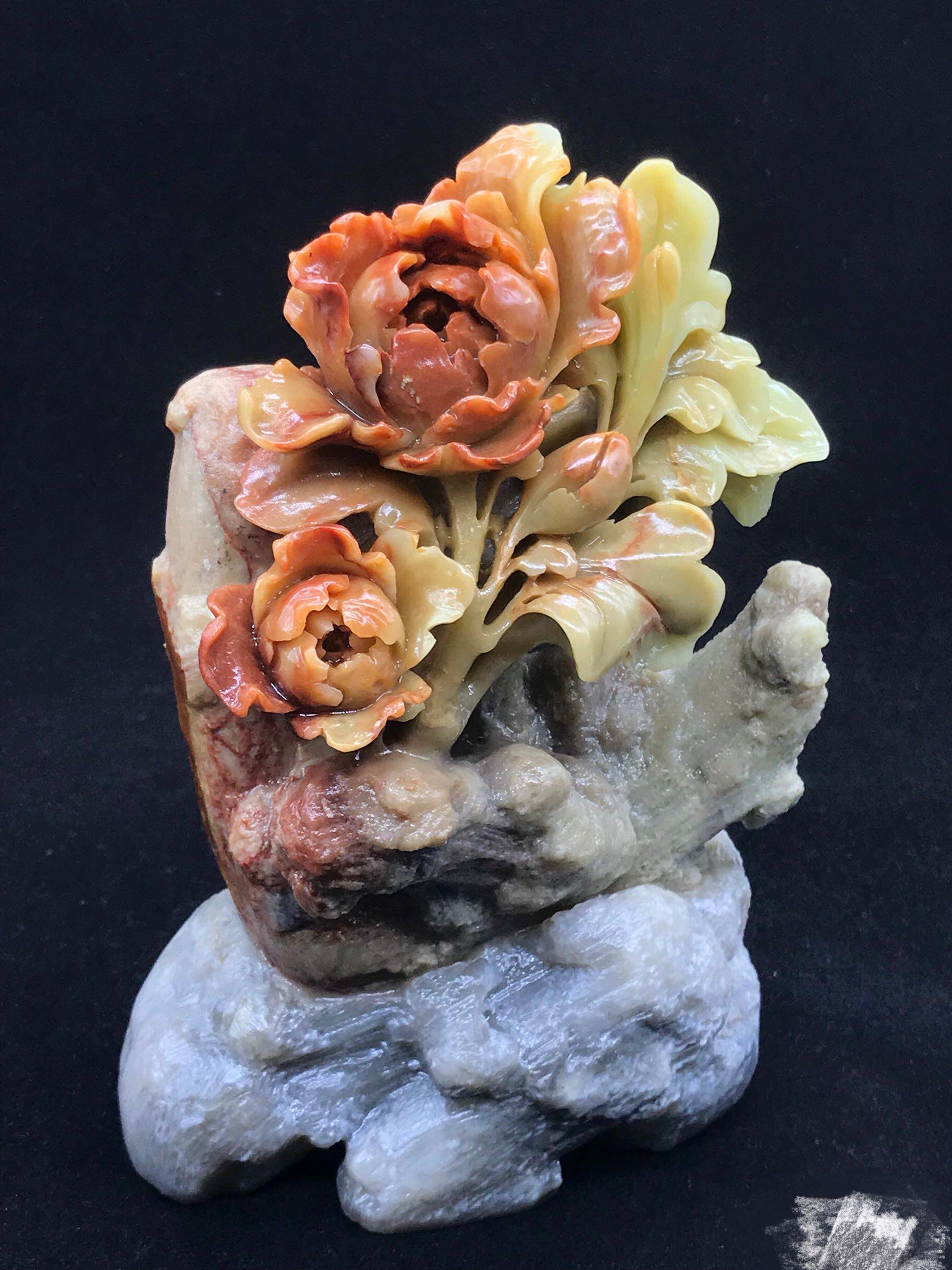 青青田石雕摆件 青田石雕(牡丹花)花开富贵